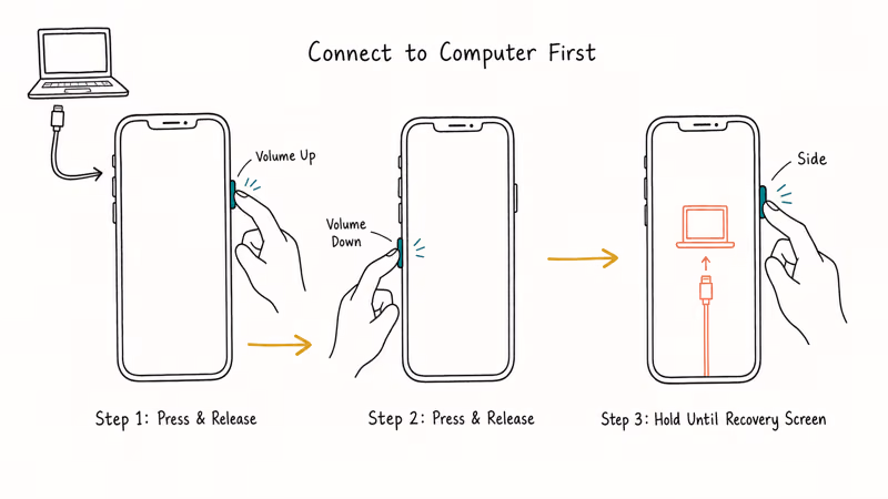 Three-step iPhone recovery mode button sequence with side button hold.
