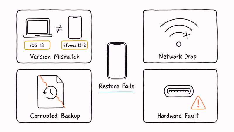 Four icons showing common iPhone restore failure causes and labels.