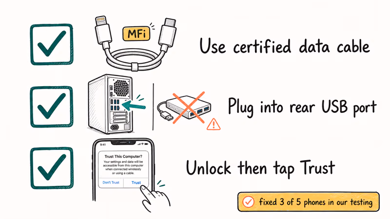 Hand-drawn checklist of three first-line fixes: certified cable, rear USB port, unlock and tap Trust.
