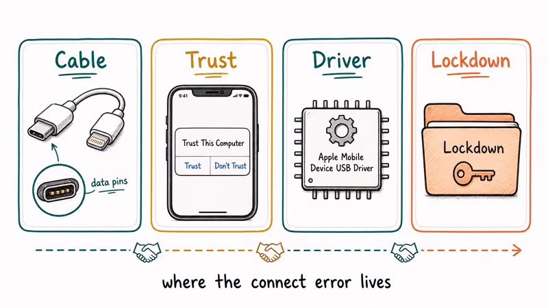 Four-card diagram showing iTunes connect error layers: cable, trust prompt, USB driver, and lockdown folder.