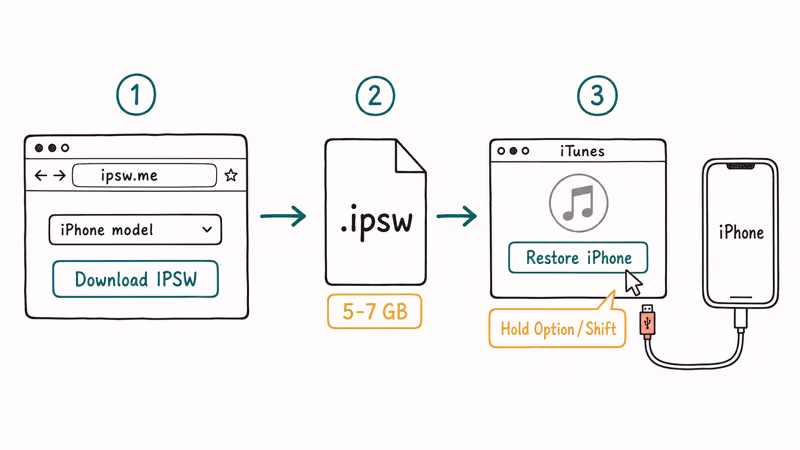Workflow diagram for manually downloading IPSW firmware file and restoring iPhone through iTunes