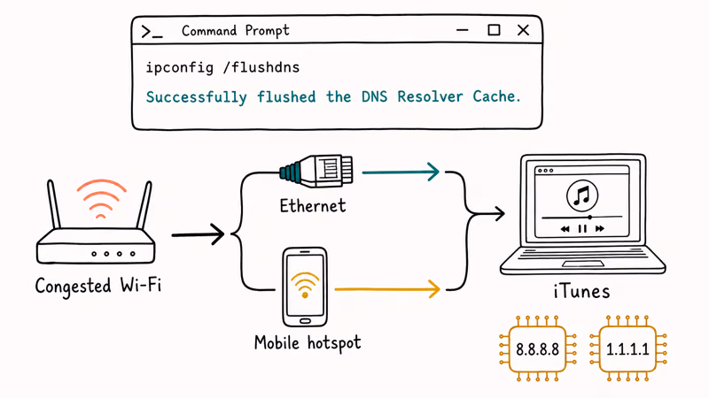 Network troubleshooting illustration switching from congested Wi-Fi to Ethernet with DNS flush command