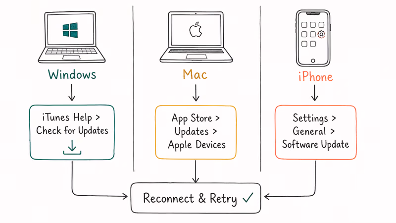 Three column flowchart showing iTunes and iOS update steps for Windows Mac and iPhone