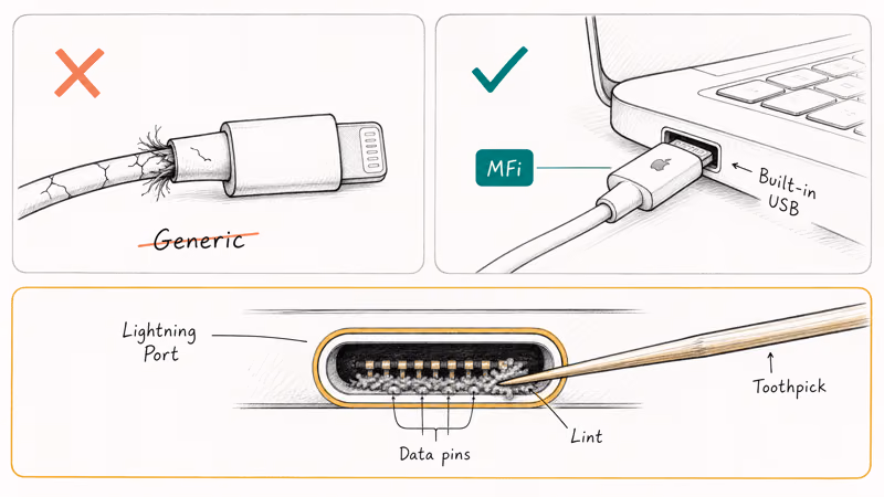Comparison of frayed generic USB cable versus MFi Lightning cable plugged into computer USB port