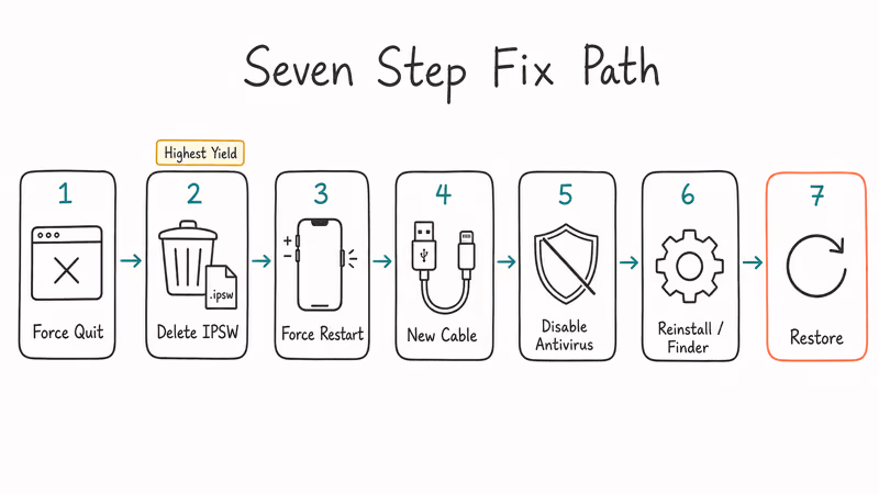 Numbered card sequence showing the seven repair steps to clear an iTunes extracting software freeze