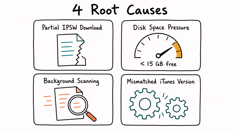 Four panels showing download disk scanning and version mismatch causes