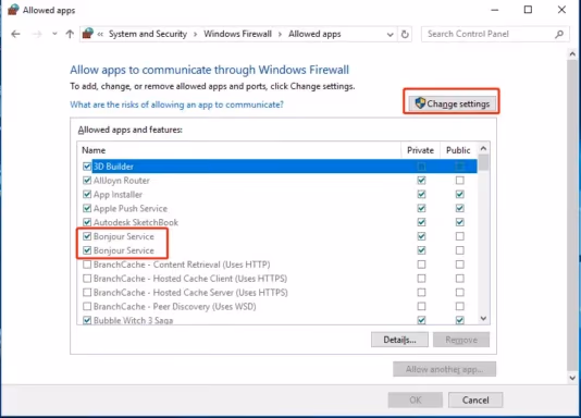 Allow Bonjour Service