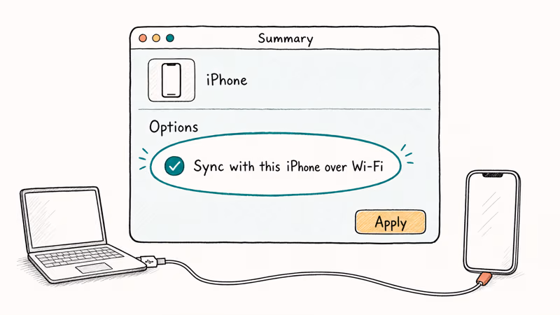 iTunes Summary window with the Sync with this iPhone over Wi-Fi checkbox highlighted