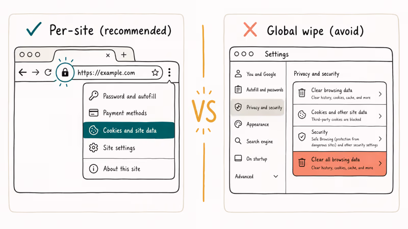 Comparison of clearing per-site cache via lock icon versus full browser data wipe