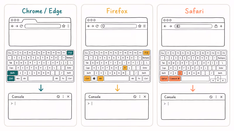 Keyboard shortcut diagram opening DevTools console in Chrome Firefox and Safari browsers