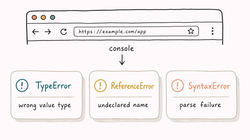 Three labeled cards comparing TypeError ReferenceError and SyntaxError JavaScript error meanings in browser