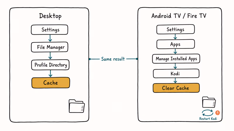 Side by side menu paths showing Kodi cache clearing on desktop and Fire TV systems.
