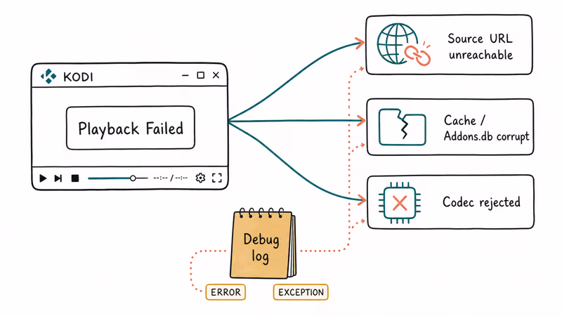 Diagram showing three Kodi playback failure causes branching from error screen toward debug log lines.