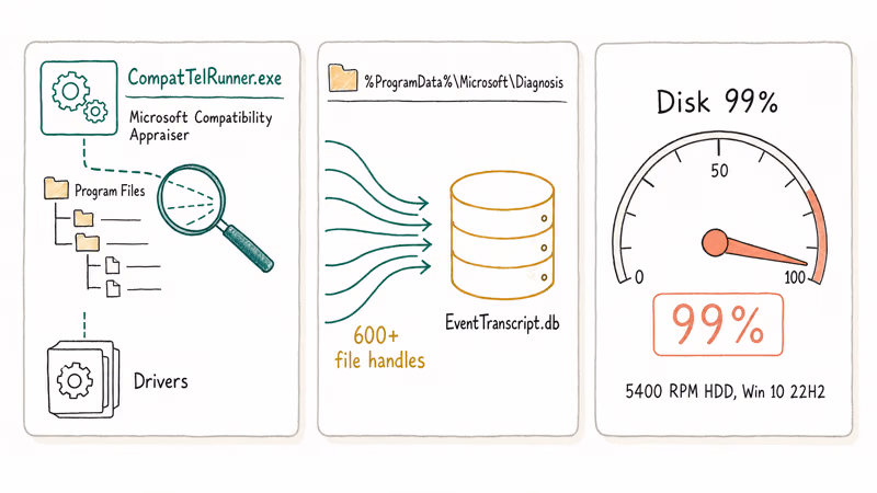 Diagram showing CompatTelRunner scanning files and pinning Windows disk usage at 99 percent