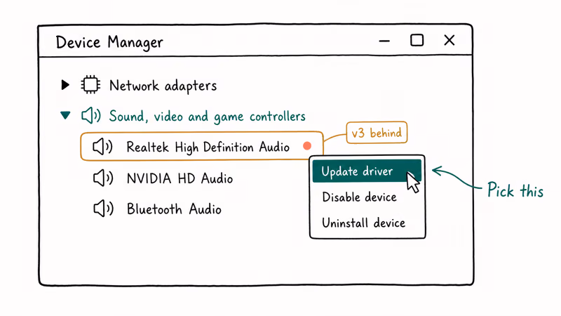 Device Manager view with Realtek driver update menu selected.