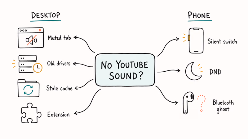Diagnostic tree showing desktop and phone causes of missing YouTube sound.
