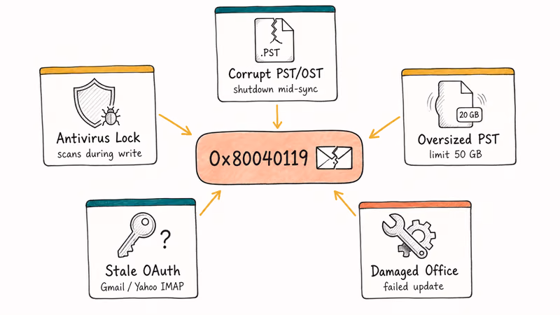 Radial diagram showing five root causes of Outlook error 0x80040119 around a central code hub