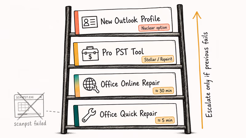 Ladder showing advanced Outlook repairs from Quick Repair to new profile.