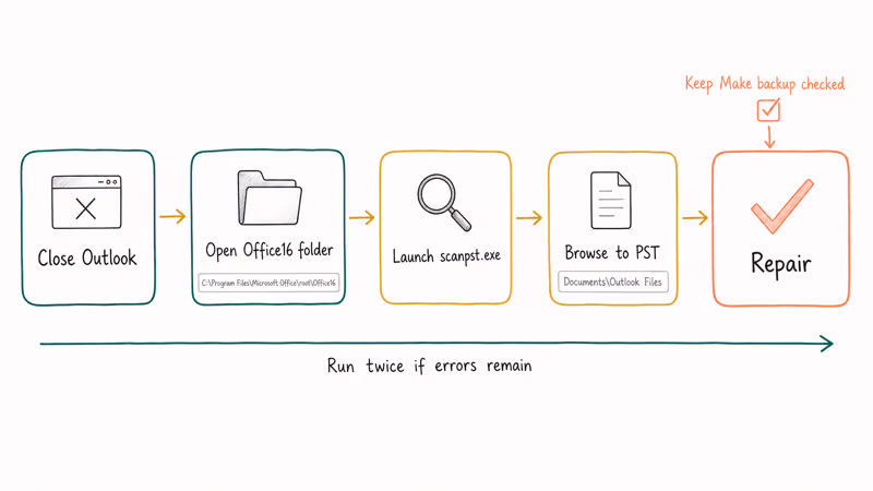 Horizontal flowchart showing five scanpst.exe Inbox Repair Tool steps to clear Outlook PST corruption