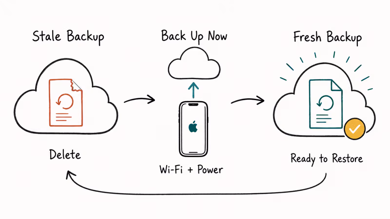 Diagram showing old iCloud backup deletion before creating a fresh restore backup.
