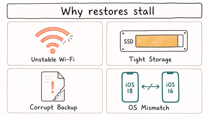Hand drawn diagram showing four common reasons an iPhone restore stalls on Estimating Time Remaining