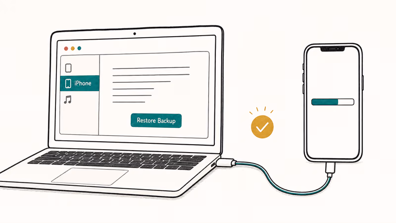 Hand drawn scene of a MacBook restoring an iPhone backup over a wired Finder connection