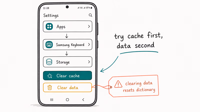 Samsung One UI Settings showing Apps Samsung Keyboard Storage with Clear cache and Clear data buttons