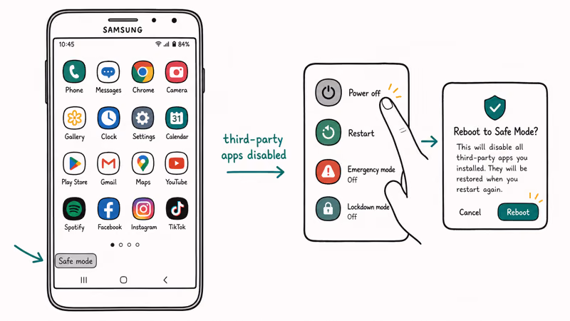 Samsung phone in Safe Mode with watermark in corner and the long-press Power off prompt showing reboot option