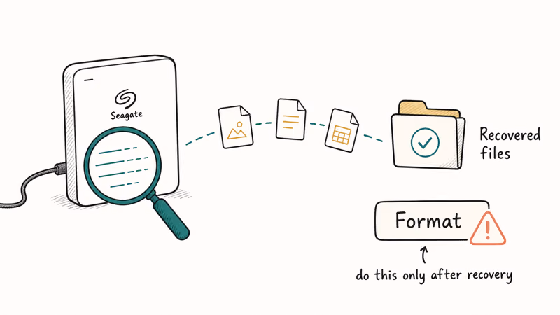 Hand-drawn Seagate drive being scanned by a magnifying glass with files moving to a recovered files folder before