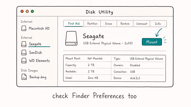 Hand-drawn macOS Disk Utility window with Seagate drive highlighted in sidebar and the Mount button selected with a