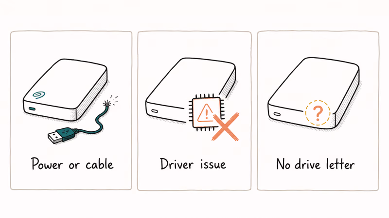 Hand-drawn three column visual of Seagate not showing up causes power or cable issue driver problem and missing
