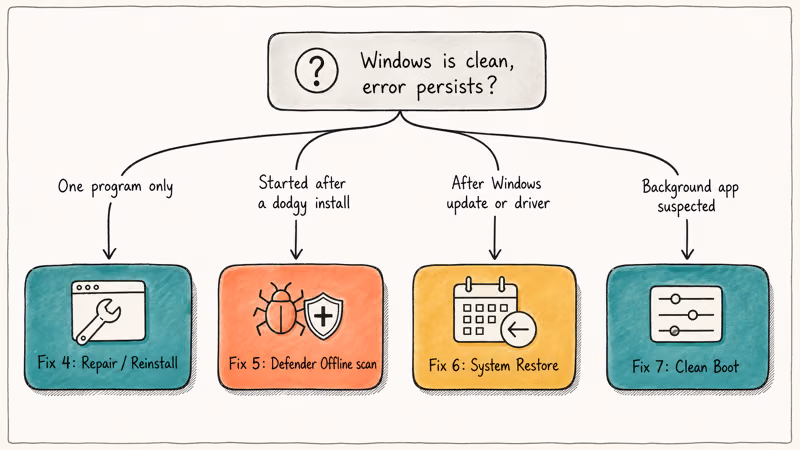 Hand-drawn decision tree mapping symptoms to fixes 4 through 7 for Windows entry point errors