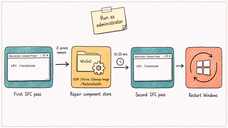 Flow diagram showing SFC DISM SFC sequence for repairing Windows DLLs.