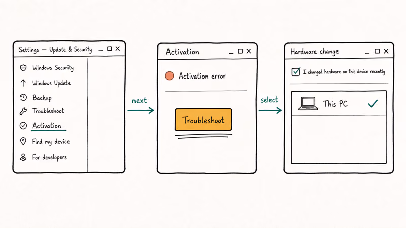 Three Windows Settings panels showing path to Activation troubleshooter and hardware change option.