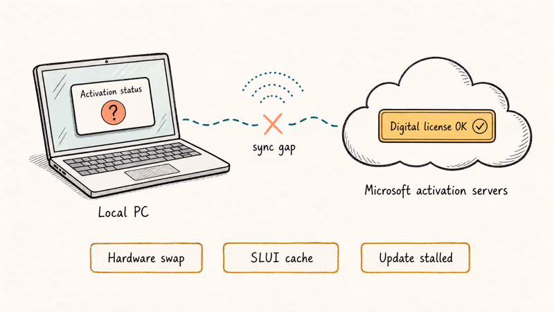 Diagram showing a laptop and Microsoft cloud out of sync over a valid digital license.
