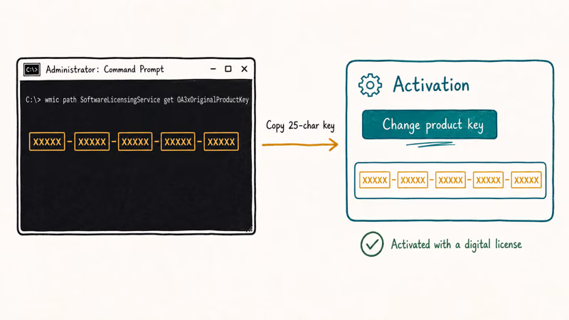 Command Prompt revealing OEM key alongside Settings Change product key dialog with activated badge.