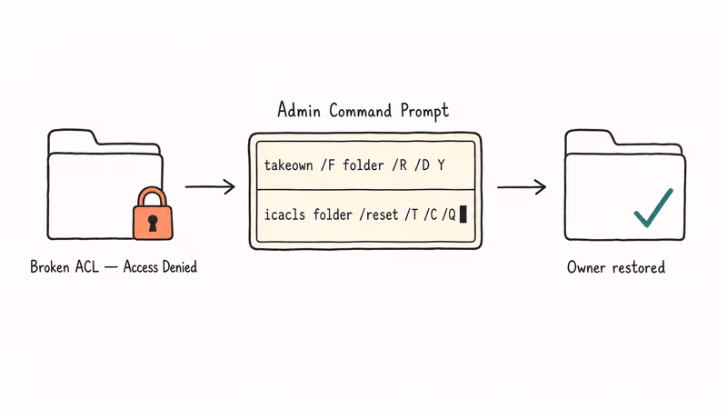 Hand-drawn diagram of takeown and icacls commands restoring NTFS permissions on a Windows folder