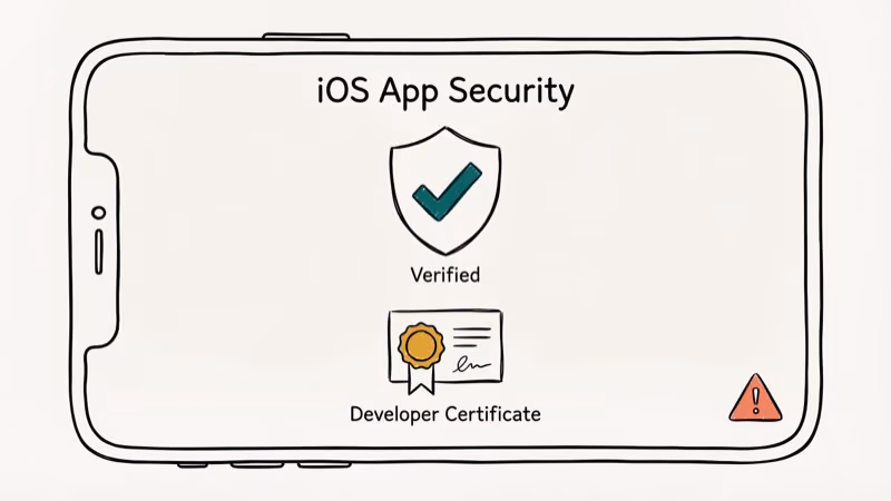 iPhone security shield with checkmark and certificate icon for app safety