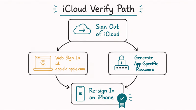 Decision tree mapping the iCloud-specific verification recovery from sign-out to web verify to re-sign-in