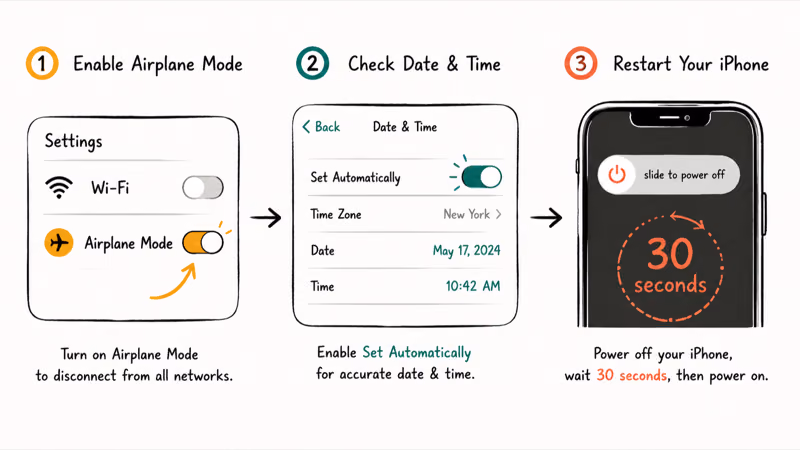 Three-step quick fix sequence toggling airplane mode setting auto date and restarting the iPhone