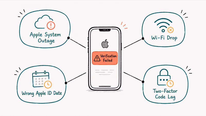 Cause map radiating four common iPhone verification failure triggers from a central error banner