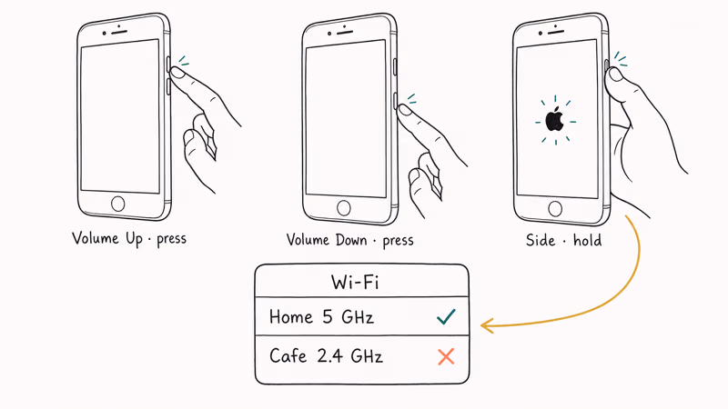 iPhone force restart sequence followed by switching to faster Wi-Fi.