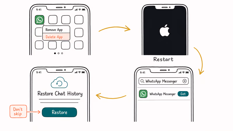 Four iPhone screens showing WhatsApp reinstall and Restore Chat History prompt.