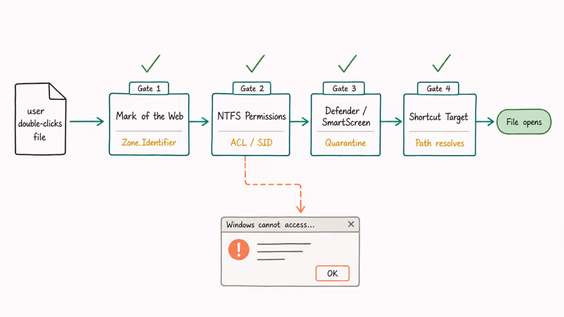 Diagram showing four Windows security gates that block file access with one example failure path