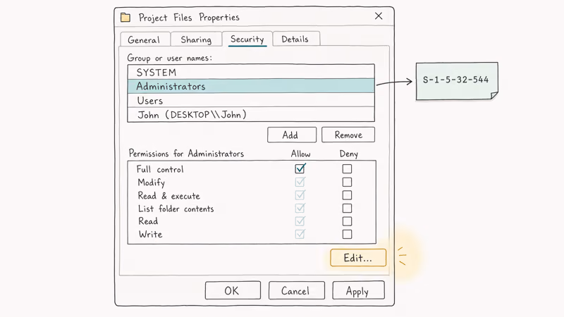 Windows Security tab showing NTFS permissions list with Full Control granted to Administrators group