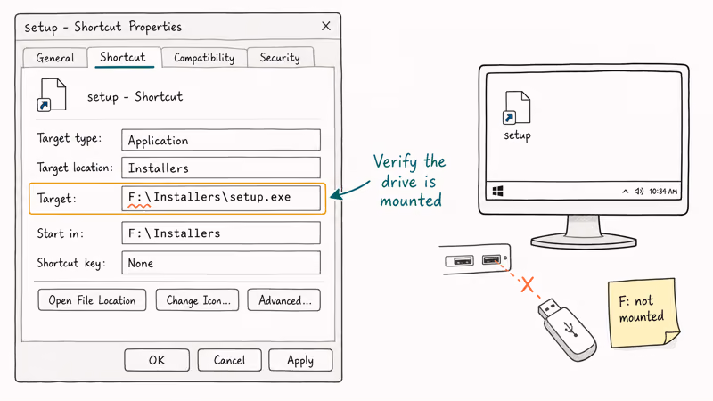 Shortcut Properties dialog showing a broken Target path pointing to an unmounted external drive