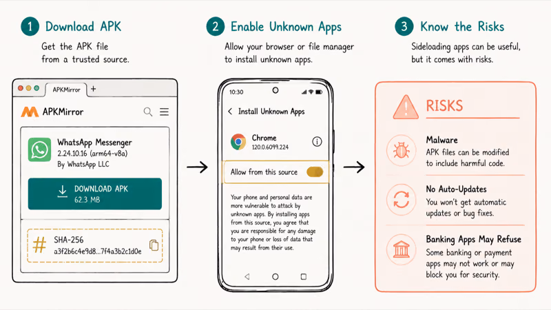 Three-panel sideload route showing trusted APK download permission toggle and risk warning card