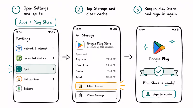 Three-screen Android flow opening Play Store storage settings and clearing cache to recover app install