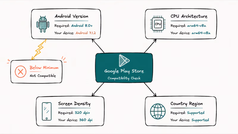 Compatibility check diagram showing Play Store evaluating Android version CPU density and region against app