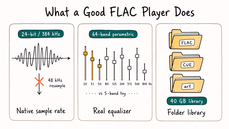 Cards comparing sample rate equalizer depth and Android folder library handling.